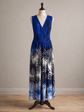 Liz Claiborne Tropical Palm Print Maxi Dress Medium Sleeveless Coastal Resort